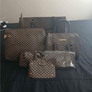 Brown Checkered Handbag Set
